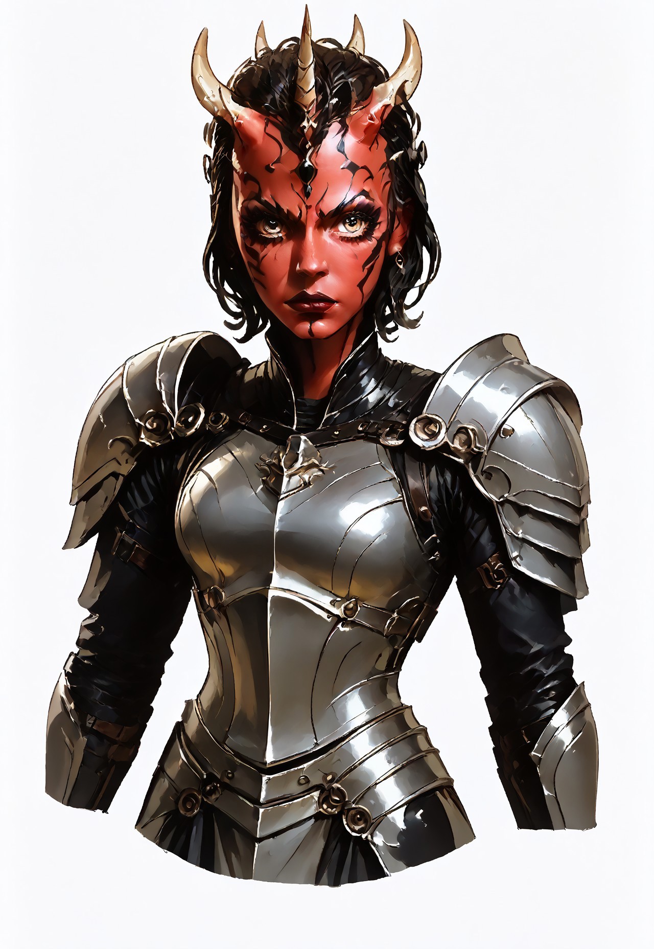 (score_9, score_8_up), score_7_up, source_anime, novuschroma43 style,  female Dathomirian Zabrak alien wearing jedi robes over heavy armor, many small white horns, t4s14, conceptart,multiple views,white background,simple background