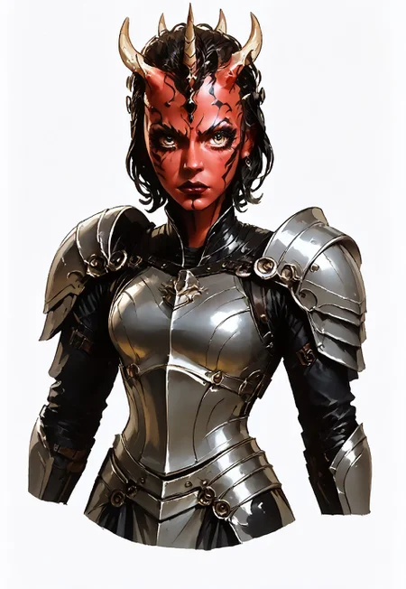 (score_9, score_8_up), score_7_up, source_anime, novuschroma43 style, female Dathomirian Zabrak alien wearing jedi robes over heavy armor, many small white horns, t4s14, conceptart,multiple views,white background,simple background