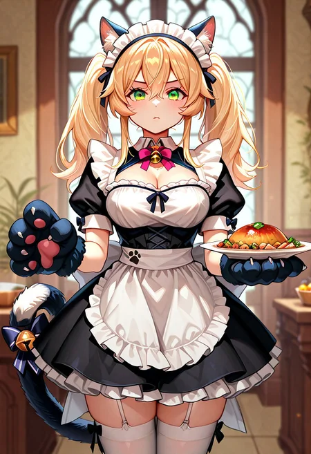 masterpiece, best quality, absurdres, very aesthetic, anptzisksk, isekai, 1girl, solo, long hair, looking at viewer, blonde hair, thighhighs, gloves, dress, ribbon, holding, animal ears, cleavage, hair between eyes, twintails, medium breasts, green eyes, tail, short sleeves, cowboy shot, frills, food, solo focus, puffy sleeves, cat ears, blurry, apron, black dress, white thighhighs, puffy short sleeves, cat tail, animal ear fluff, maid, maid headdress, bell, cat girl, jingle bell, neck bell, plate, maid apron, animal hands, tail ornament, paw gloves, tail bell