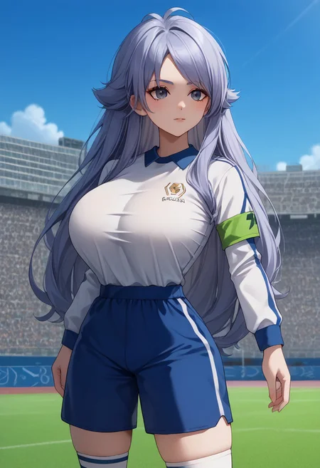 score_9, score_8_up, score_7_up, source_anime, highly detailed, 
fubuki, 1girl, female focus, solo, grey hair, grey eyes, sportwear, soccer uniform, large breasts, very long hair, alpine soccer uniform, white shirt, long sleeves, shorts, blue shorts, socks, white socks, armband, slender
outdoor,