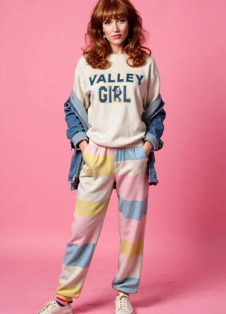 SFW, brightly lit, The image is a portrait of a woman posing in front of a pink background. She is wearing a white sweatshirt with the words "Valley Girl" written in blue and yellow letters across the chest. She has long baggy sweatpants in multiple colors covering her legs. The sweatshirt has a graphic design on the front and a blue denim jacket over it. She has e hair styled in loose waves and is wearing colorful striped socks. The woman is standing with her hands in her pockets and is looking directly at the camera with a serious expression., aidmaimageupgrader<lora:flux\custom\celebrity\peg-bundy.safetensors:1.1:1.1> <lora:turbo-8-step-flux.safetensors:0.5:0.5> <lora:flux\style\Common\aidmaImageUprader-FLUX-v0.3.safetensors:0.25:0.25>