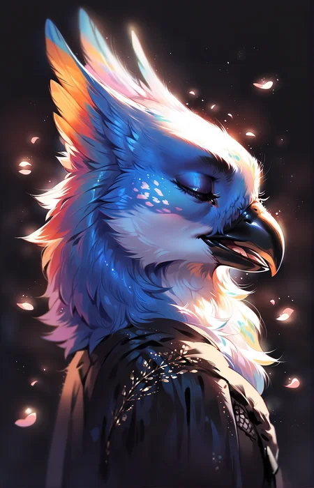 score_9,score_8_up,score_7_up,score_6_up,score_5_up,score_4_up|,<lora:aesthetic_witchy:0.3>,witchyaesthetic,realistic,blurry background|rating_explicit,|simple background,closed eyes,artist name,from side,petals,no humans,bird,animal,feathers,black background,animal focus,beak|<lora:JuneArt:1>,iridescent,<lora:xl_kelala_pony_ceshi(pony):0.6>,<lora:ToraFurry_XL_PonyV6_p1-t1:0.8>