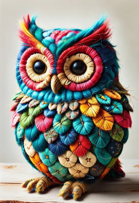 patchwork owl, pamcocomat owl, stitched together with vibrant flair, cozy,
best quality, masterpiece,