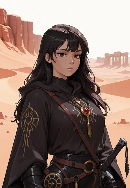 score_9, score_8_up, score_7_up, 1girl, solo, desert nomad, flowing robes with intricate embroidery and desert-inspired patterns, ancient curved scimitar with a polished bronze blade and a wrapped leather handle, long wavy black hair adorned with desert flowers, realistic, cinematic angle, cinematic lighting, slender body, mysterious face, deep brown eyes, vigilant pose
BREAK
standing guard at an oasis in the heart of the desert
BREAK
source_fantasy_art, rating_explicit, expressive, full body, dynamic pose
BREAK
detailed beautiful background, vast desert landscape with rolling sand dunes and distant mirages, lush oasis with palm trees and a sparkling pool of water, ancient ruins and desert creatures, distant mountains with rugged cliffs, mystical atmosphere with a sense of adventure and mystery
<lora:Expressive_H:0.6>Expressiveh, (SimplepositiveXLv1:1.3), (upper body, full clothed:1.85) ((masterpiece)) (ultra realistic, 32k, masterpiece:1.2), (high detailed skin:1.1), (high quality:1.1) (((full clothed))) <lora:DandonFuga_Style_v.2_-_Pony:0.8>
<lora:add-detail-xl:1>
<lora:Dynamic Poses:1>