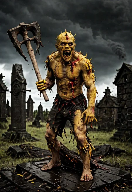 wide-angle shot of yellow DEVIL SPAWN, holding up an ax, surrounded by lava
