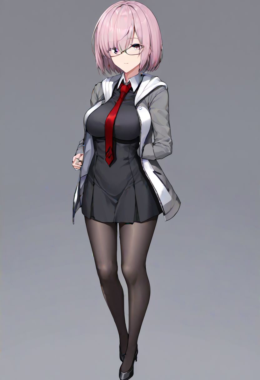 Mash_Def, glasses, short dress, black dress, black skirt, necktie, red necktie, wing collar, jacket, open jacket, hooded jacket, grey jacket, hood down, black pantyhose, 
masterpiece, best quality, very aesthetic, absurdres, 1milf, 1adult, solo, full_body, tachi-e,