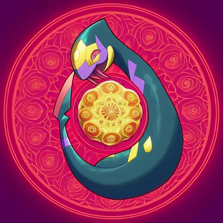 colored Mandala style, medium stylized pattern, (deep_purple, black, red, gold),Seviper, serpentine, vertical_figure_eight_pattern, intricate_design, symmetrical, traditional_mandala, ()glowing_golden_elements), luminous, mystical, highly_detailed, intricate_scales, geometric_patterns, harmonious_composition, masterpiece, balanced, precise, artistic, reverence, Pokémon