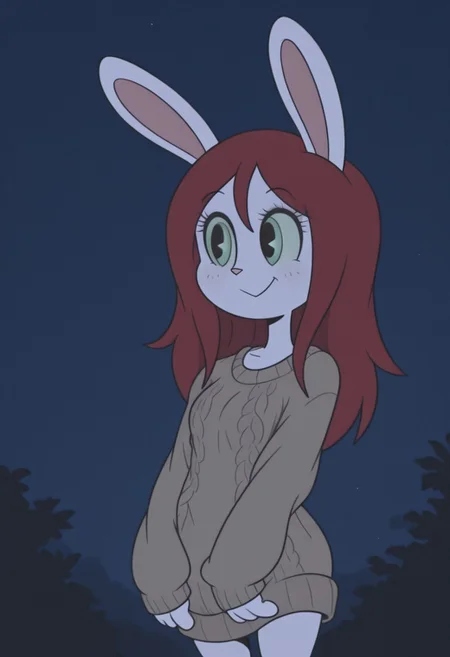 masterpiece,best quality,amazing quality, very aesthetic,
rabbit girl,furry,red hair,white rabbit ear,solo,add detailed eyes,green eyes,dressed, black roll-up sweater,happy,long hair,
late night,RetroXL,,toon \(style\), flat color, black eyes,