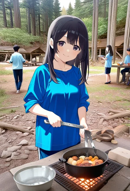 great quality,1girl,solo focus,scenery,(almic,akakura,ogipote,:0.9),2024 style, (sincos:0.9),outdoors,smile,black eyes,looking at viewer,,black hair,long hair,blue shorts,blue jym shirt,white trimed,white vertical trim,holding tongs, silver tongs,photo Background,ensoku,hangousuisan, food, cooking, camp, nature, forest, outdoors, grill, bowl, tray, cup,