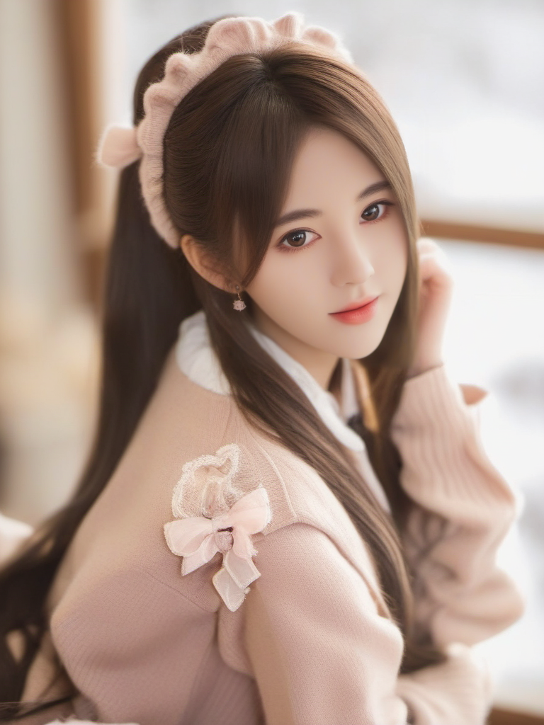 masterpiece, best quality, girl, long hair, looking at viewer, brown cardigan , frilled socks, hair_bow, bowtie, in winter, blush, sweater dress, ,<lora:sl_btf:1>