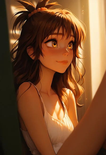 Source_anime, a woman, cute perfect face, (score_9, score_8_up, score_7_up), 1girl, 21 years old, y_mikan,brown hair,long hair,yellow eyes,hair ornament,hair bobbles, small face, cute face, adorable, femine, close up, long slender legs, perfect round butt, narrow waist, gorgeous girl, kawai girl, blush, blush nose, blushing, glitter makeup, athletic body, long body, collarbone, blush nose, red scrunchie, cute blush, teardrop breasts, blushing, medium breasts, perky breasts, shy, smiling, detailed background, perfect hips, hipbone, cute face, cute girl, (slim fit), candid, blurry background, light particles, ethereal, rating_explicit, dynamic angle, ncpy13