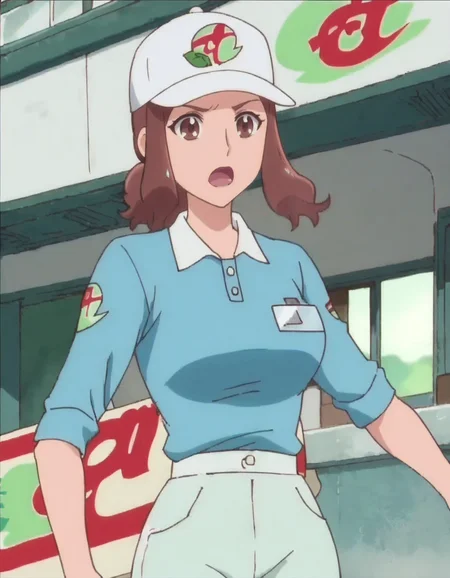 score_9, score_8_up, score_7_up, anime screencap, solo,1girl, hat, brown eyes, brown hair, open mouth, baseball cap, name tag, shirt, white headwear, :d, blue shirt,green pants,large breasts,wide hip <lora:hanaderayasuko:0.8>