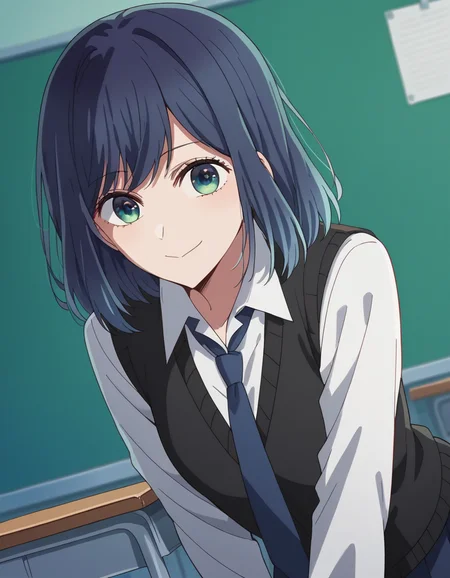 score_9, score_8_up, score_7_up, source_anime,
akanekurokawa, <lora:akane-kurokawa-s1-ponyxl-lora-nochekaiser:1>,
akane kurokawa, bangs, green eyes, blue hair, medium hair, dark blue hair,
shirt, school uniform, white shirt, necktie, collared shirt, vest, blue necktie, skirt, blue skirt,
indoors, classroom, bent over, smile,
looking at viewer, cowboy shot, dutch angle, solo,
