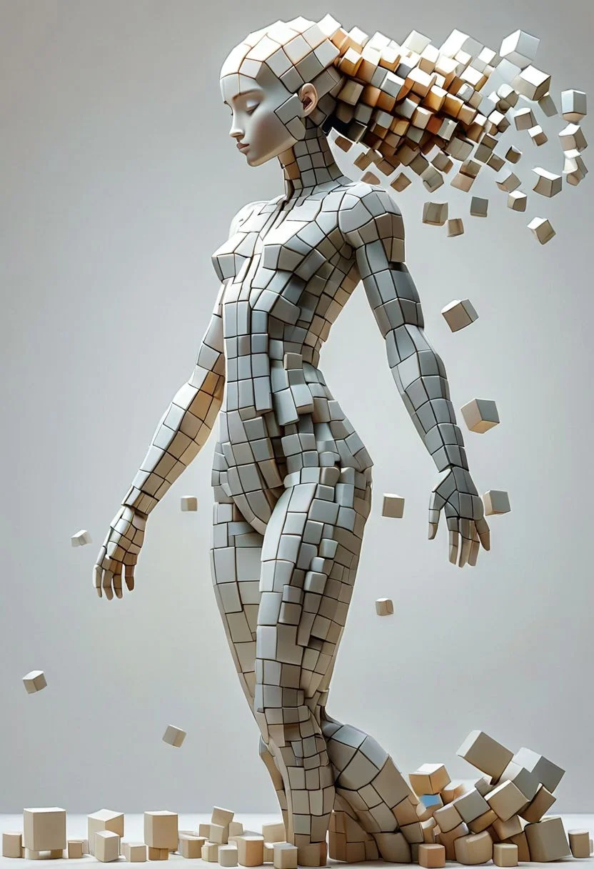 artcbd, Create an image of female figure composed entirely of cubes in various sizes. The figure should appear as if constructed from these geometric shapes, with distinct cubes forming the head, torso, arms, and legs. The cubes vary in size to represent different body parts proportionately, creating a visually interesting and abstract representation of a human body. The composition should be clear, with a focus on how the blocks assemble to mimic human anatomy. The background should be neutral to emphasize the figure