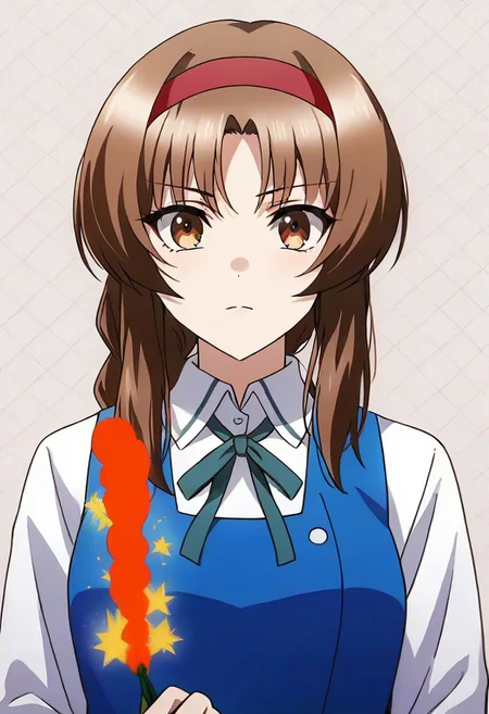 best quality, 4k, rating_safe, very aesthetic, source_anime,1girl, <lora:Takao:0.9>,takao,brown hair,brown eyes,long hair,single braid,red hairband,neck ribbon,white shirt,long sleeves,blue vest,gray skirt,school uniform,
