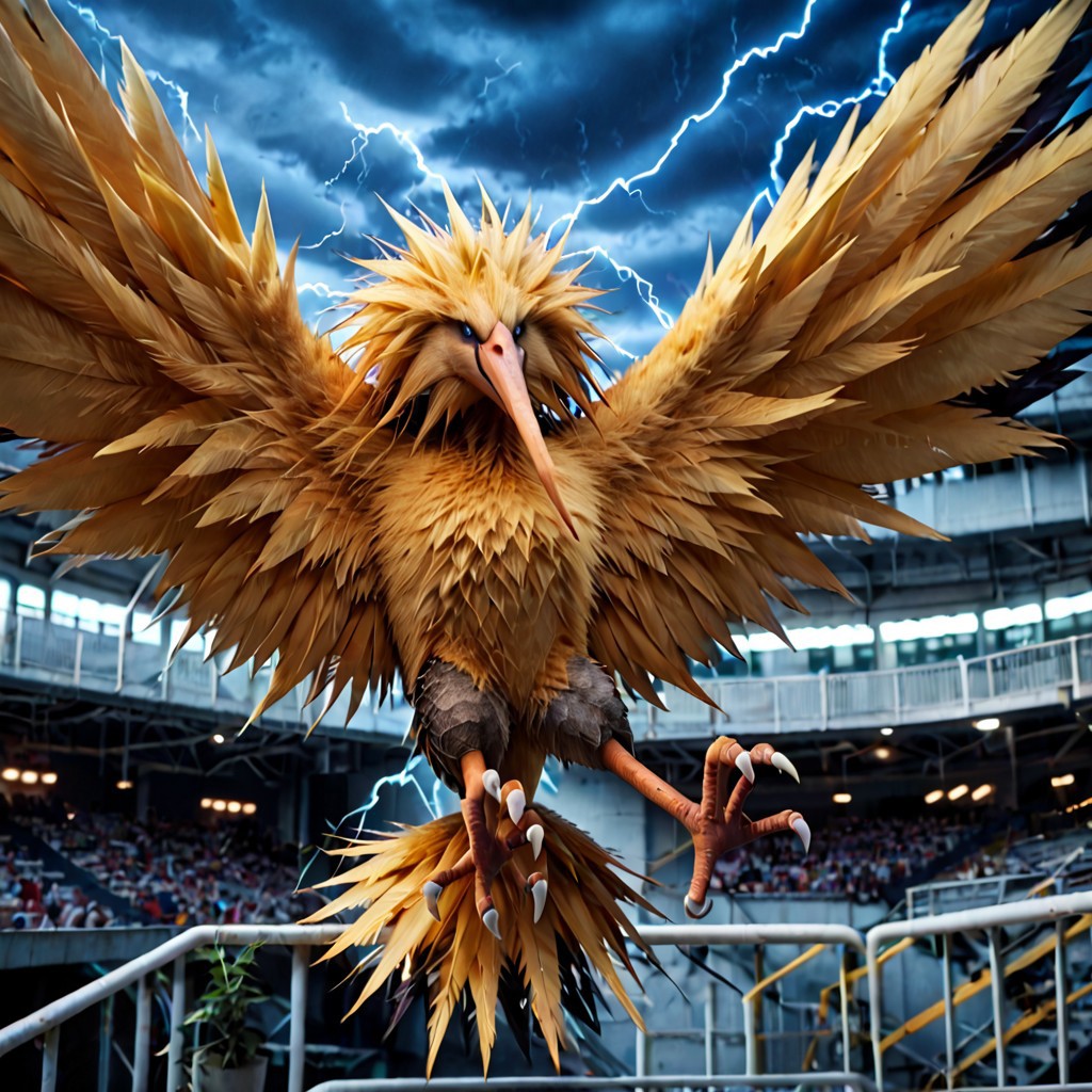 score_9, score_8_up, score_7_up, score_6_up, solo, zapdos, pokemon (creature), feral, avian, bird, bipedal, yellow body, yellow feathers, detailed feathers, realistic feathers, pointy feathers, spiky feathers, sharp feathers, talons, tail feathers, spiky fluffy head feathers, long beak, white sclera, large wings, flying, in air, lightning in background, thunderstorm, electricity, industrial power plant, dynamic angle, cinematic, photorealistic, real life