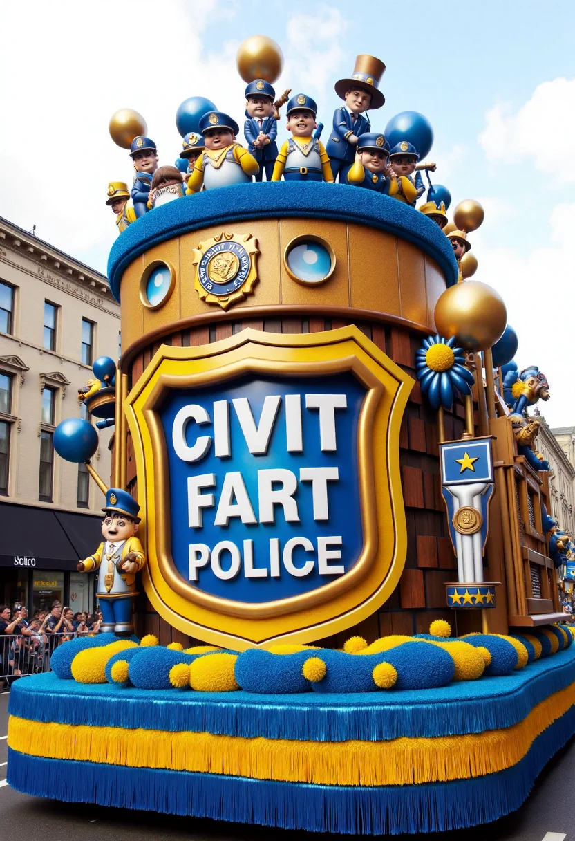 <lora:Parade_Float_Fashioner_FLUX-000005:0.9>
The image is a realistic photograph capturing a vibrant, elaborate police themed parade float including banner with text "Civit Fart Police".