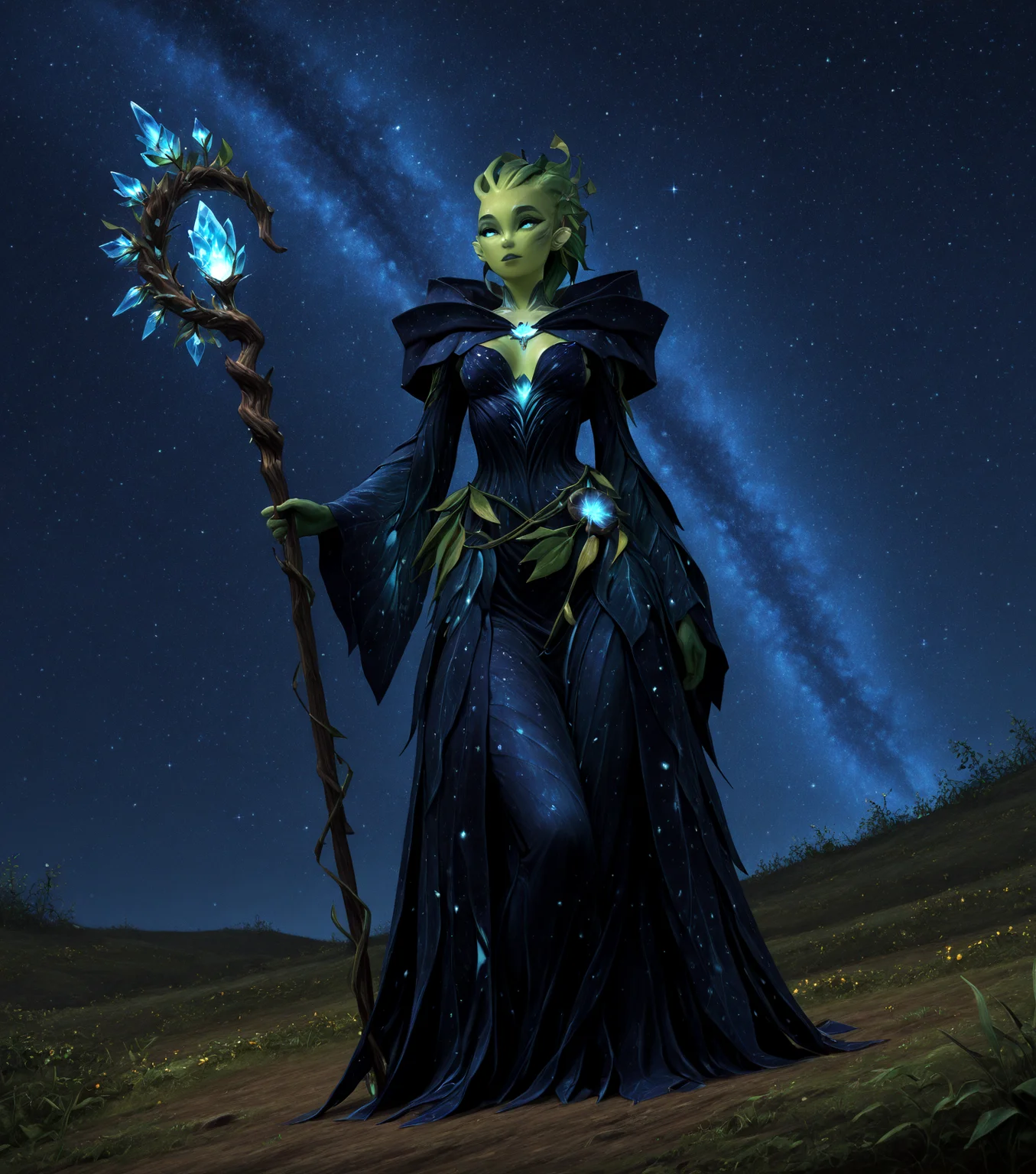 masterpiece, best quality, amazing quality, <lora:GW2_Silvari_Race_Style-IL:1> sylvari, plant race, solo, green skin, hair made of leaf, plant hair, <lora:AddMicroDetails_Illustrious:0.45> addmicrodetails, Astrologer, starry robes, ornate staff, pointed hood, glowing crystal, masterpiece, best quality, amazing quality