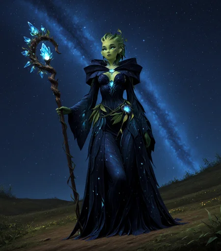masterpiece, best quality, amazing quality, <lora:GW2_Silvari_Race_Style-IL:1> sylvari, plant race, solo, green skin, hair made of leaf, plant hair, <lora:AddMicroDetails_Illustrious:0.45> addmicrodetails, Astrologer, starry robes, ornate staff, pointed hood, glowing crystal, masterpiece, best quality, amazing quality