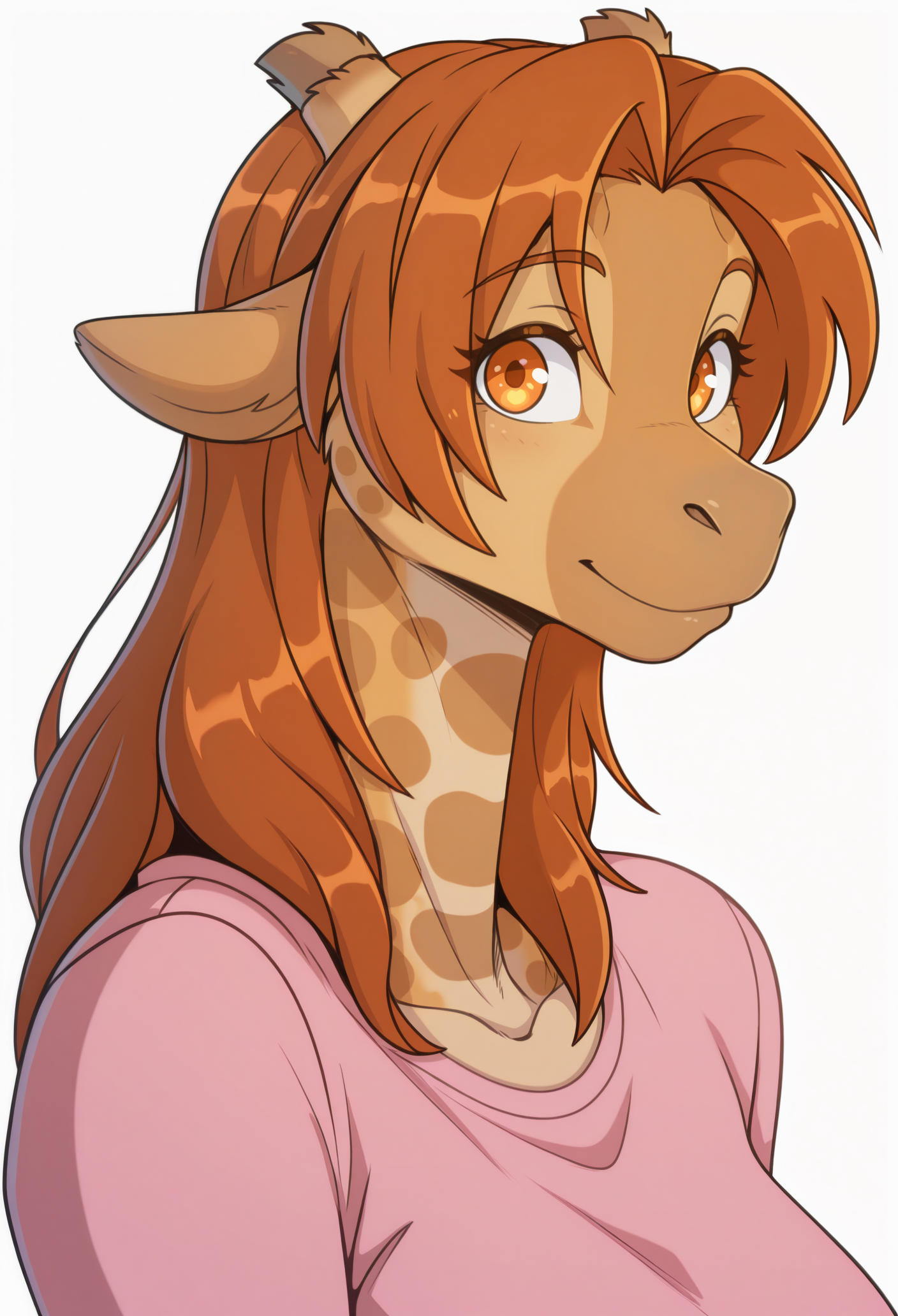 1girl, solo, white background, looking at viewer, pink shirt, portrait, 
furry female, brown hair, animal ears, orange eyes, long hair, tail, horns, giraffe girl, snout, 
masterpiece, best quality, <lora:puzzlekadath-guy90-Illust-LoraV101:1>, htazup