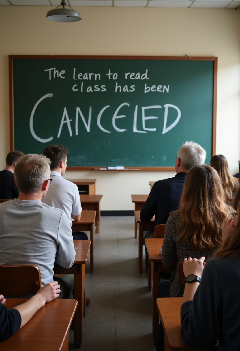 A classroom of older and younger adults sitting in class, There is a chalkboard with the words in big letters "The learn to read class has been canceled". People are looking at their watches