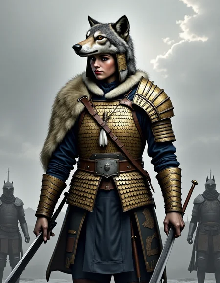 realistic photo , Dacian woman in tarabostes armour wearing above the helmet a wolf skin, wolf fur<lora:DaciiV6:0.5>