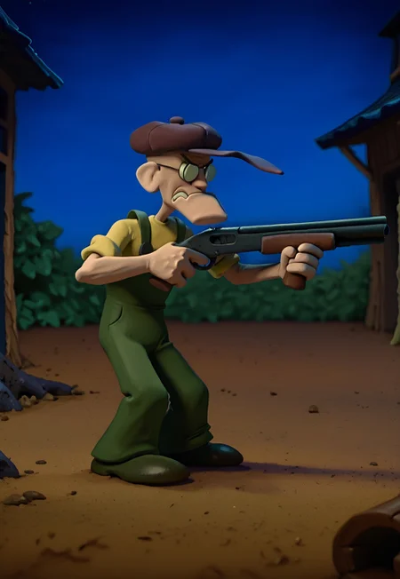 neverhoodstyle, clay, masterpiece, best quality, absurdres, anime screenshot, 1boy, male focus, solo, outdoors, night, Eustace, Bagge, Green overalls, yellow shirt, hat, glasses, grumpy expression, holding shotgun, aiming, double barrel shotgun,