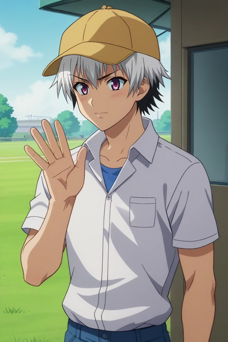 score_9, score_8_up, score_7_up, source_anime, rating_safe, intricate details, anime screencap, , , , , 1boy, solo, male focus, <lora:ren_elsie_jewelria_pony:0.84>, ren_elsie_jewelria, white hair, purple eyes, short hair, two-tone hair, multicolored hair, black hair, straight-on, grass, indoors, waving, nervous, , trucker hat, <lora:sdxl_lightning_8step_lora:1>