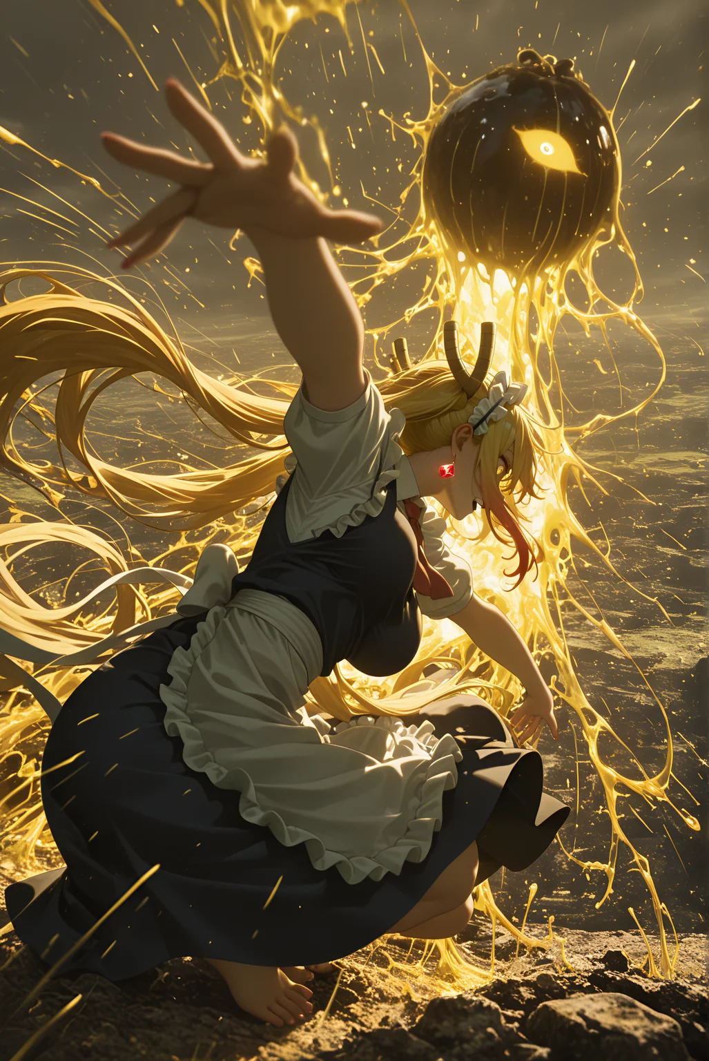 2girls, motion_lines:1.1, best quality, ambient occlusion, sagging breasts, kilt, yandere, amazing quality, In the style of Attack on Titan, Landscape of floating magnetic islands repelling each other., darkness, HDR, macro scene, oxfords, earrings, blurry foreground, Seated Lean with Back Arch, Action shot, motion_blur:1.1, masterpiece, very long hair, absolutely eye-catching, anime character, Noon, tam_o'shanter, blouse, Dirty blonde hair, ultra-detailed, long_nails, very aesthetic, Braided side ponytail, Tohru (Miss Kobayashi’s Dragon Maid), Lemon Yellow Theme, 8K, absurdres, slime_(creature), barefoot, depth of field, newest, dark skin, nail_polish