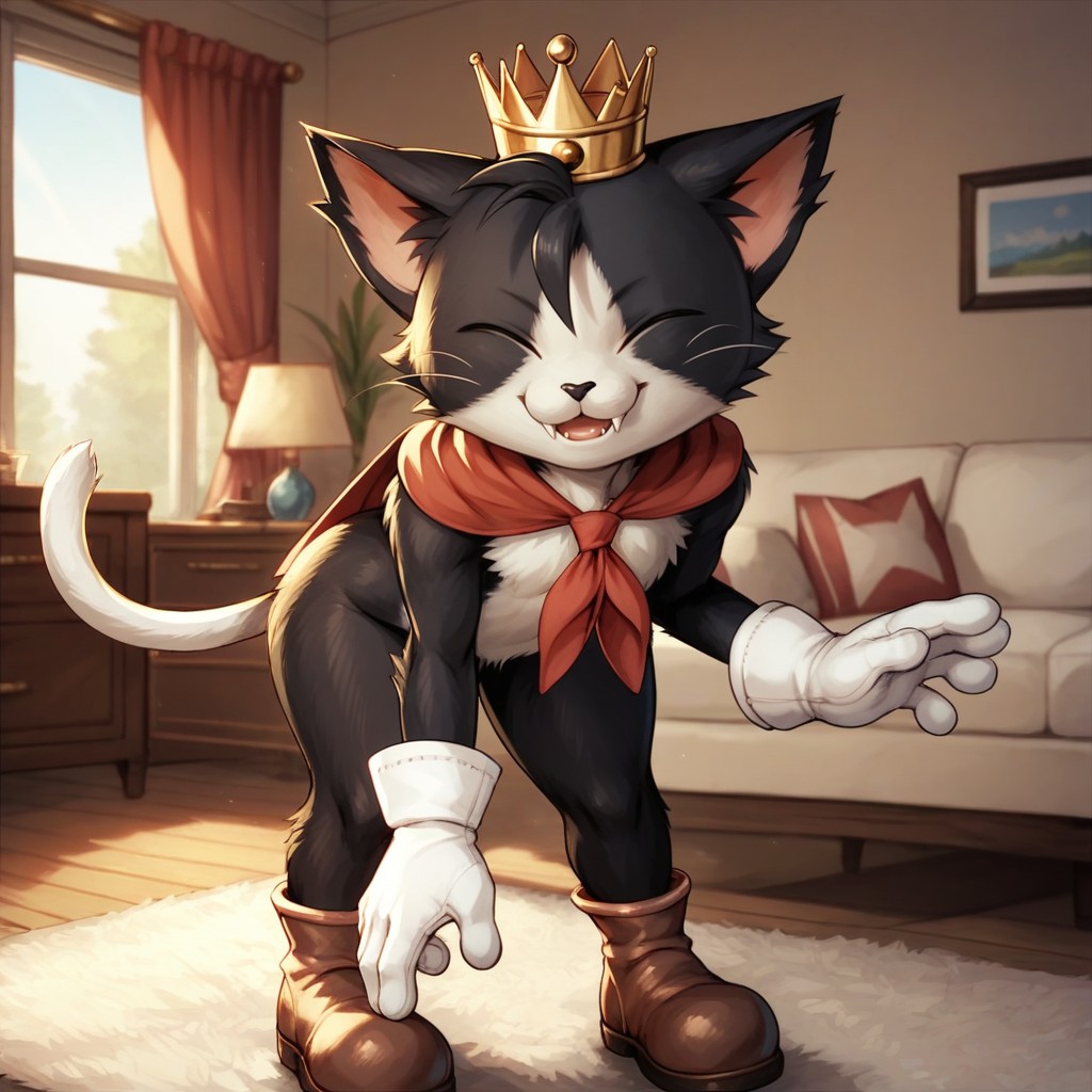 score_9, score_8_up, score_7_up, caitsith, anthro, furry male, solo, cat, black fur, white fur, two-tone fur, whiskers, fangs, white tail, crown, red cape, white gloves, brown shoes, wide hips, thick thighs, smile, leaning forward, hands on legs, indoors, living room