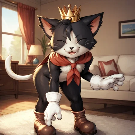 score_9, score_8_up, score_7_up, caitsith, anthro, furry male, solo, cat, black fur, white fur, two-tone fur, whiskers, fangs, white tail, crown, red cape, white gloves, brown shoes, wide hips, thick thighs, smile, leaning forward, hands on legs, indoors, living room