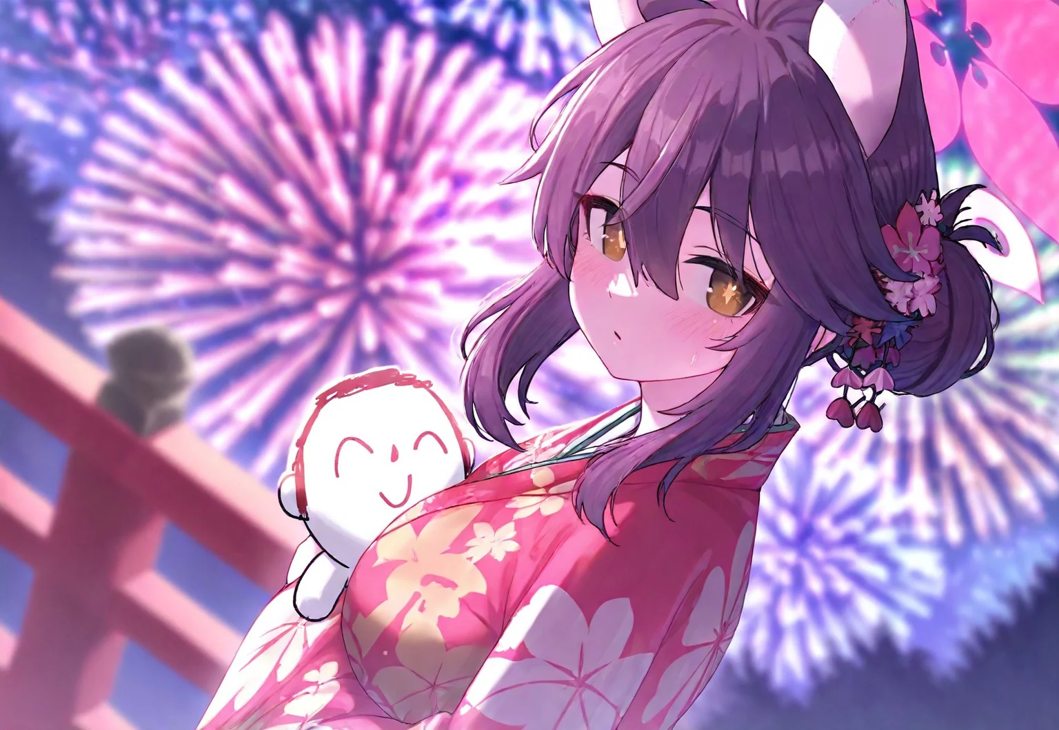 safe_pos, sushispin, blue archive, doodle sensei \(blue archive\), kaede \(blue archive\), sensei \(blue archive\), 1girl, alternate costume, animal ears, breasts, brown hair, fireworks, hair between eyes, halo, japanese clothes, large breasts, looking at viewer, medium hair, pink halo, yellow eyes