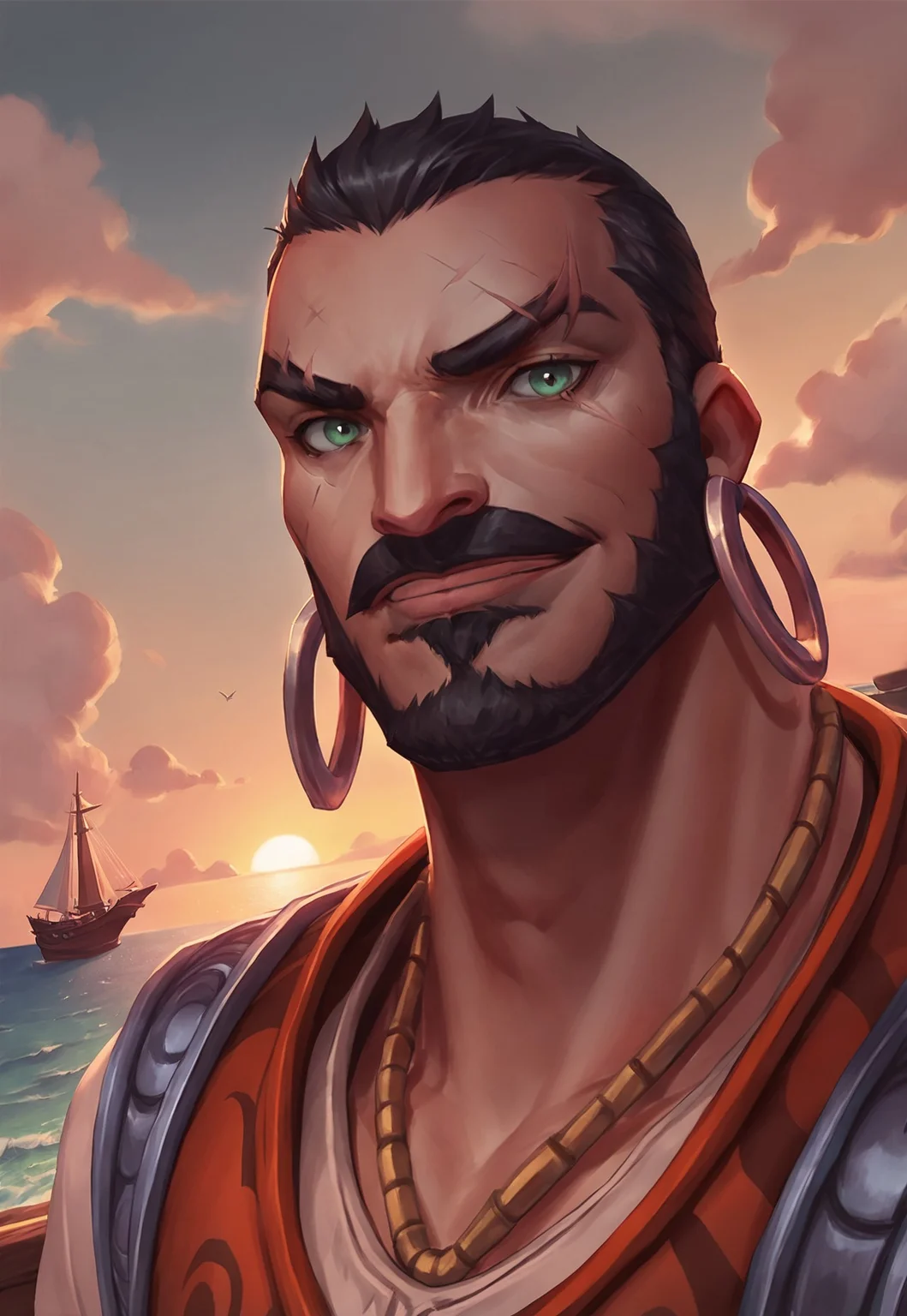 score_9, score_8_up, RafenLol, green eyes, hoop earrings, short hair, black hair, scar across left eye, necklace, muscular, facial hair, mustache, shirt, vest, detailed background, dynamic pose, portrait, harbor, ship, sea, clouds, looking at viewer, smile, dutch angle, sunset,