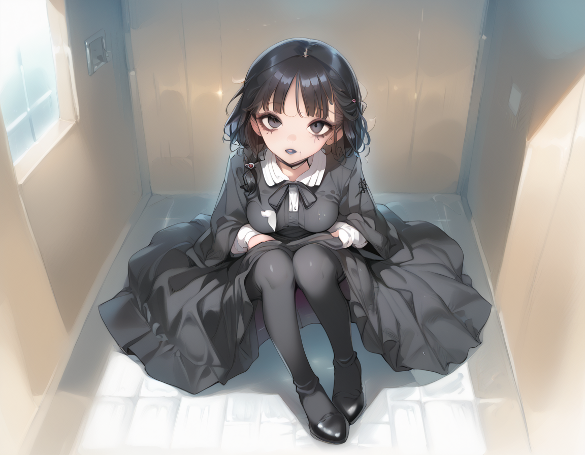 (score_9,score_8_up,score_7_up:1), 1girl, full body, view from above, horror, Night time lighting, ambient lighting, astonished, (goth, (black lipstick, black mascara, black eyeshadow)), (milf), inky oozing hair color, long braided hair, choker, eyeshadow)) (etherial oiled skin), large breasts, teardrop shape breast, hanging breast, (laying on back), wet changing room, (<lora:zavy-cntrst-sdxl:1> chiaroscuro, low-key, horror), (red tailcoat, black fancy clothes, leggings), <lora:gggg:1>, <lora:add-detail-xl:1>
