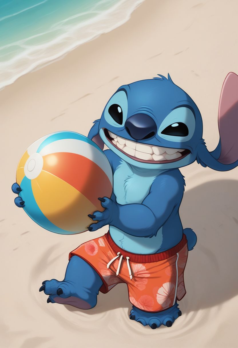 score_9, score_8_up, score_8, <lora:Experiment_626_aka_Stitch_Lilo_and_Stitch_for_PonyXL:0.8> 1boy, st1tch, black eyes, furry, beach, swim trunks, snorkel, smile, teeth, beach ball,