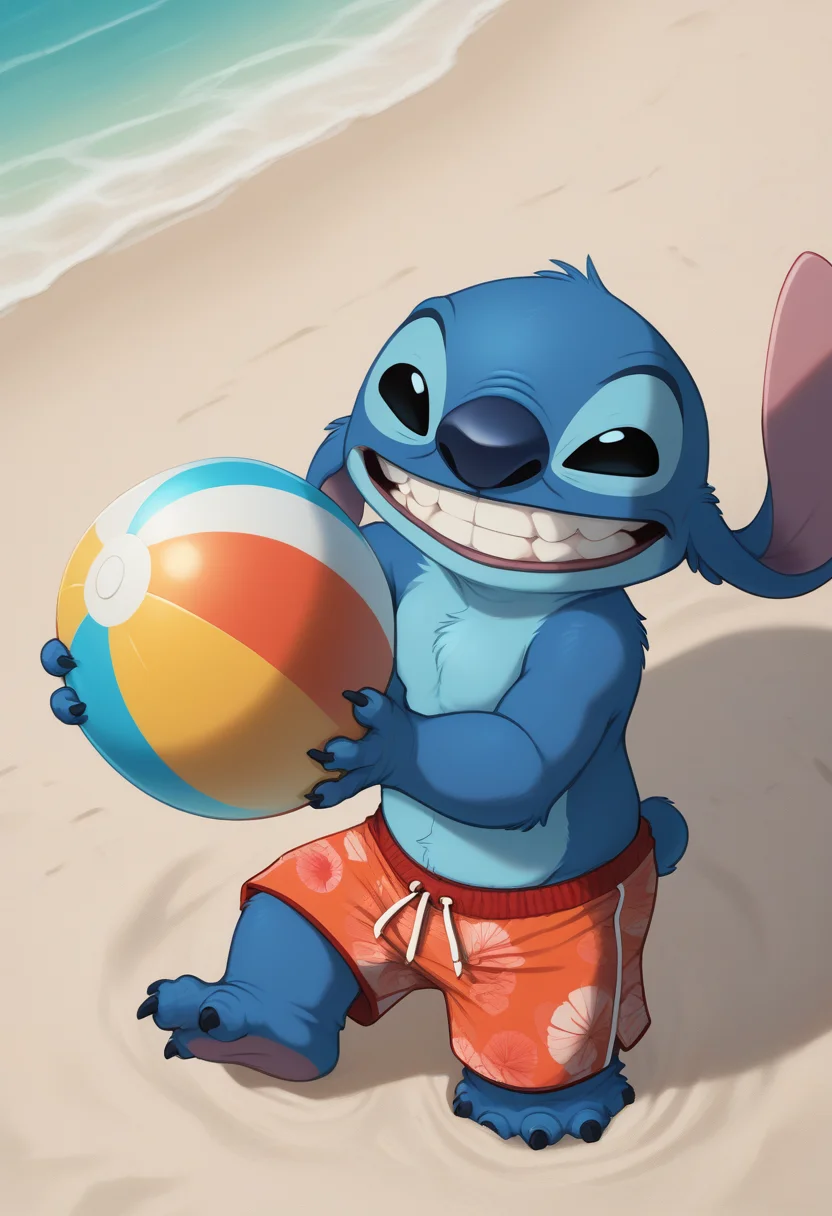 score_9, score_8_up, score_8, <lora:Experiment_626_aka_Stitch_Lilo_and_Stitch_for_PonyXL:0.8> 1boy, st1tch, black eyes, furry, beach, swim trunks, snorkel, smile, teeth, beach ball,