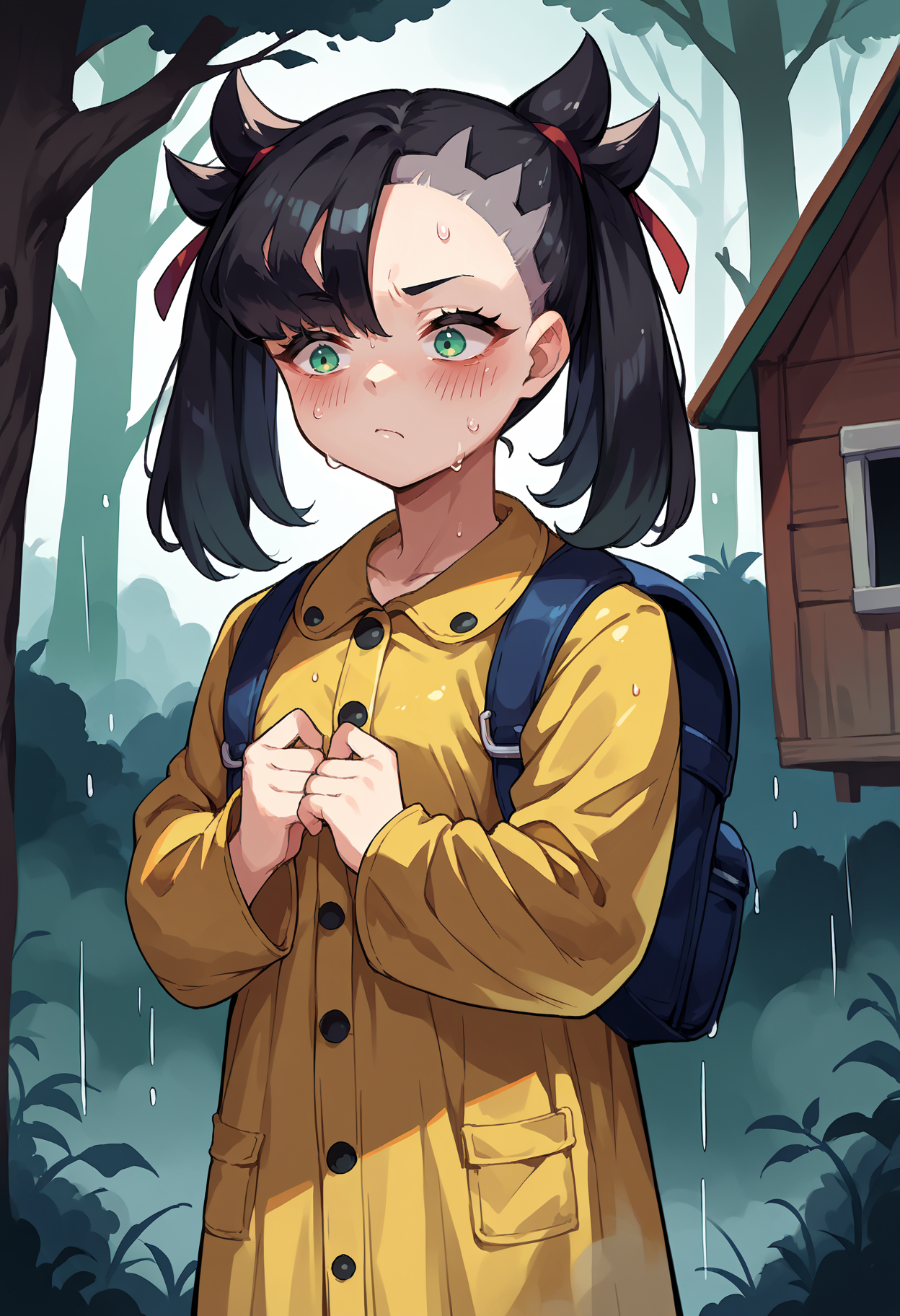 score_9, score_8_up,score_7_up, source_anime, rating_safe, 1girl, solo, <lora:EPpkMarnie:1>, black hair, hair ribbon, green eyes, twintails, asymmetrical bangs, red ribbon, 
Mary,
 cabin, woods, fog, horror \(theme\), backpack, raincoat, rain, exhausted, sigh,blush, sweat, sweatdrop, shiny skin,