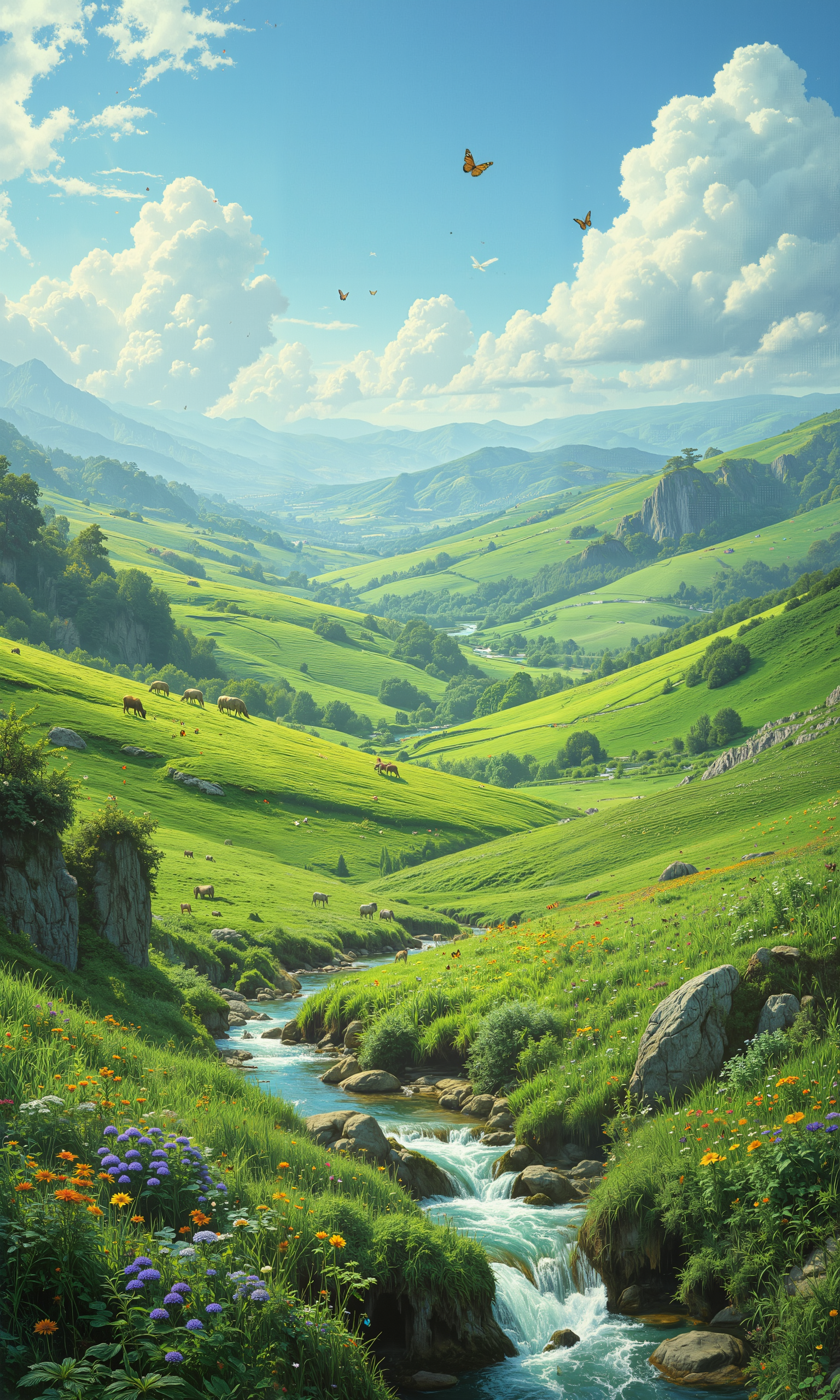 Verdant landscapes, emerald hills rolling gently under azure skies, untouched grasslands stretching endlessly. Lush meadows teeming with vibrant wildflowers, gentle streams weaving through the undulating terrain. Unbroken tranquility, pure air infused with natural fragrances, sunlight casting intricate patterns across the soft grass. Native wildlife grazing peacefully, colorful butterflies fluttering above. Vibrant greens, lively yellows, brilliant blues painting a harmonious natural palette. Captured in 8k resolution, masterpiece quality, intricate, rich textures and subtle details enhancing the scene. Natural lighting emphasizing ecological purity, pristine and unblemished earth, panoramic view, sense of endless peace and untouched beauty. <lora:Semi-realisticPortraitPainting:0.6> <lora:FluxMythR3alisticF:0.6> <lora:DND_GRAINYBOYZ_FG_FLUX_V2_ROMULUS_Lora:0.9> <lora:Improved Amateur Realism:0.6> <lora:flux_dev:1>