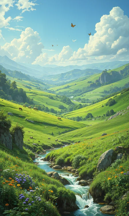 Verdant landscapes, emerald hills rolling gently under azure skies, untouched grasslands stretching endlessly. Lush meadows teeming with vibrant wildflowers, gentle streams weaving through the undulating terrain. Unbroken tranquility, pure air infused with natural fragrances, sunlight casting intricate patterns across the soft grass. Native wildlife grazing peacefully, colorful butterflies fluttering above. Vibrant greens, lively yellows, brilliant blues painting a harmonious natural palette. Captured in 8k resolution, masterpiece quality, intricate, rich textures and subtle details enhancing the scene. Natural lighting emphasizing ecological purity, pristine and unblemished earth, panoramic view, sense of endless peace and untouched beauty. <lora:Semi-realisticPortraitPainting:0.6> <lora:FluxMythR3alisticF:0.6> <lora:DND_GRAINYBOYZ_FG_FLUX_V2_ROMULUS_Lora:0.9> <lora:Improved Amateur Realism:0.6> <lora:flux_dev:1>