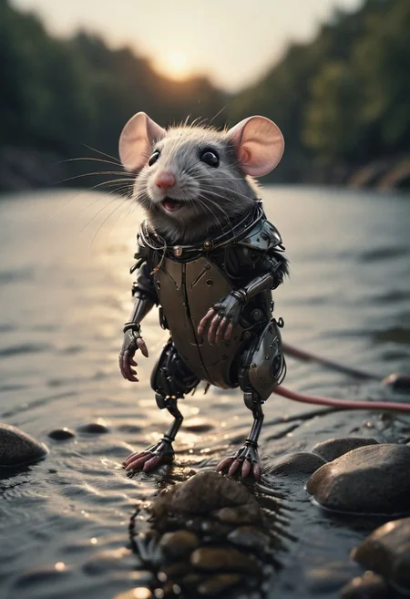 Describe the adorable, fluffy wooly cyborg jumoing mouse animal in the midst of preparing to leap over a river with its enhanced cyborg legs. Capture the essence of its cuteness and the anticipation of the impending jump in your response.