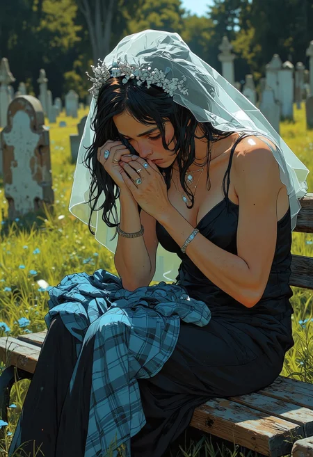 Beautiful, delicate woman sitting alone on a bench overlooking a tombstone in a pristine cemetary. She is crying. She is wearing a black sundress. She's wearing a white wedding veil on her head and a wedding ring on her right ring finger. She is holding a blue plaid shirt in her hands with her face buried in it. She is wearing a necklace that has her dead husband's wedding band attached to it..