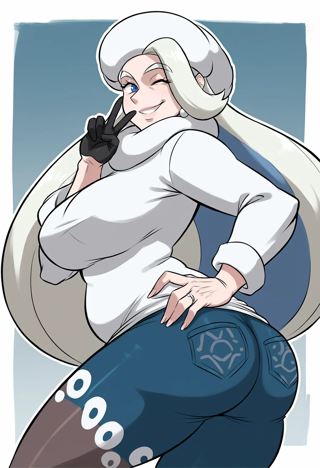 score_9, score_8_up, score_7_up, score_6_up,source_anime, rating_safe, BREAK
<lora:DittochadV3-000018:1>
melony \(pokemon\), 1girl, ass, blonde hair, blue eyes, breasts, earrings, fur collar, fur hat, gloves, grin, hand on own hip, hand up, hat, jewelry, large breasts, long hair, long sleeves, mature female, multicolored hair, one eye closed, pantyhose, pantyhose under shorts, pearl earrings, ring, shorts, side slit, side slit shorts, single glove, smile, solo, streaked hair, sweater, ushanka,( v:1.1), wedding ring, white sweater, teeth