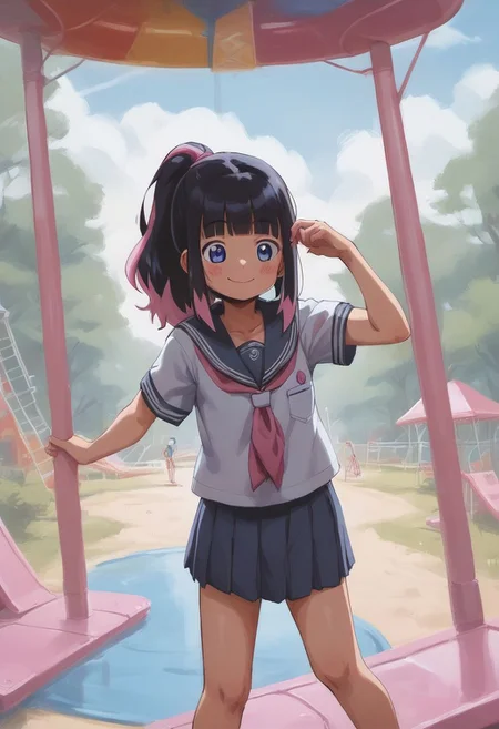 score_9, score_8_up, score_7_up, bbka_style,
1girl, solo, hime cut, pastel hair, blue eyes, slide, swings, kawaii, cute, adorable, ponytail, smiling, playground, school uniform, climbing, playing, <lora:bbka_pdxl5:1>