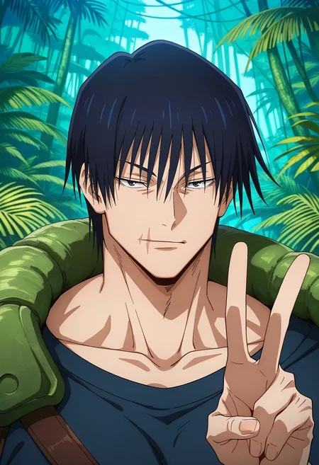 masterpiece, best quality, , anime screencap, anime coloring, official style, looking at viewer, 1boy, solo, male focus, <lora:touji_fushiguro_ilxl:0.98>, touji_fushiguro, black hair, black eyes, short hair, hair between eyes, bangs, , scar on mouth, rule of thirds, jungle, rainforest, ruins, dawn, v, peace sign, speaking, talking,