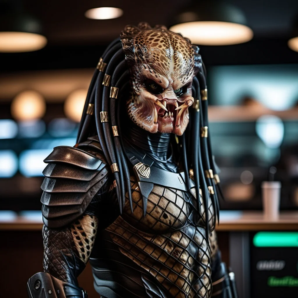 Predator1024, sideview, full body, in waiting line at starbuck, detailed eyes, highly detailed, photography, ultra sharp, film, bokeh, professional, 4k <lora:add-detail-xl:1.5> <lora:Predator1024-000280:0.8>