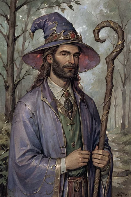score_9, score_8_up, score_7_up, rating_safe, gothic art, oil painting, traditional media, realistic, 1boy, solo, male focus, mature male, wizard, long hair, brown hair, black eyes, looking at viewer, hat, facial hair, beard, mustache, staff, wizard hat, purple hat, shirt, collared shirt, robe, purple robe, cloak, holding, holding staff, upper body, standing, outdoors, forest, nature, tree, fog, dark background <lora:Gothic Art 2 Style SDXL_LoRA_Pony Diffusion V6 XL:0.7>