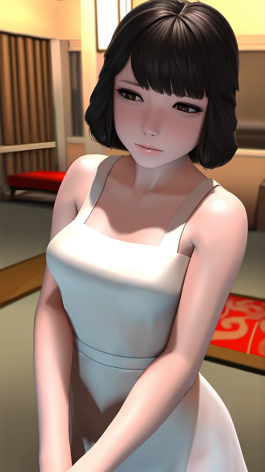 amazing quality,absurdres,best quality,masterpiece,highres,newest,detailed,detailed body,detailed face,masterpiece,best quality,solo,
longzhongniao,1girl,solo,black hair,brown eyes,breasts,lips,short hair,indoors,<lora:longzhongniao:1>,