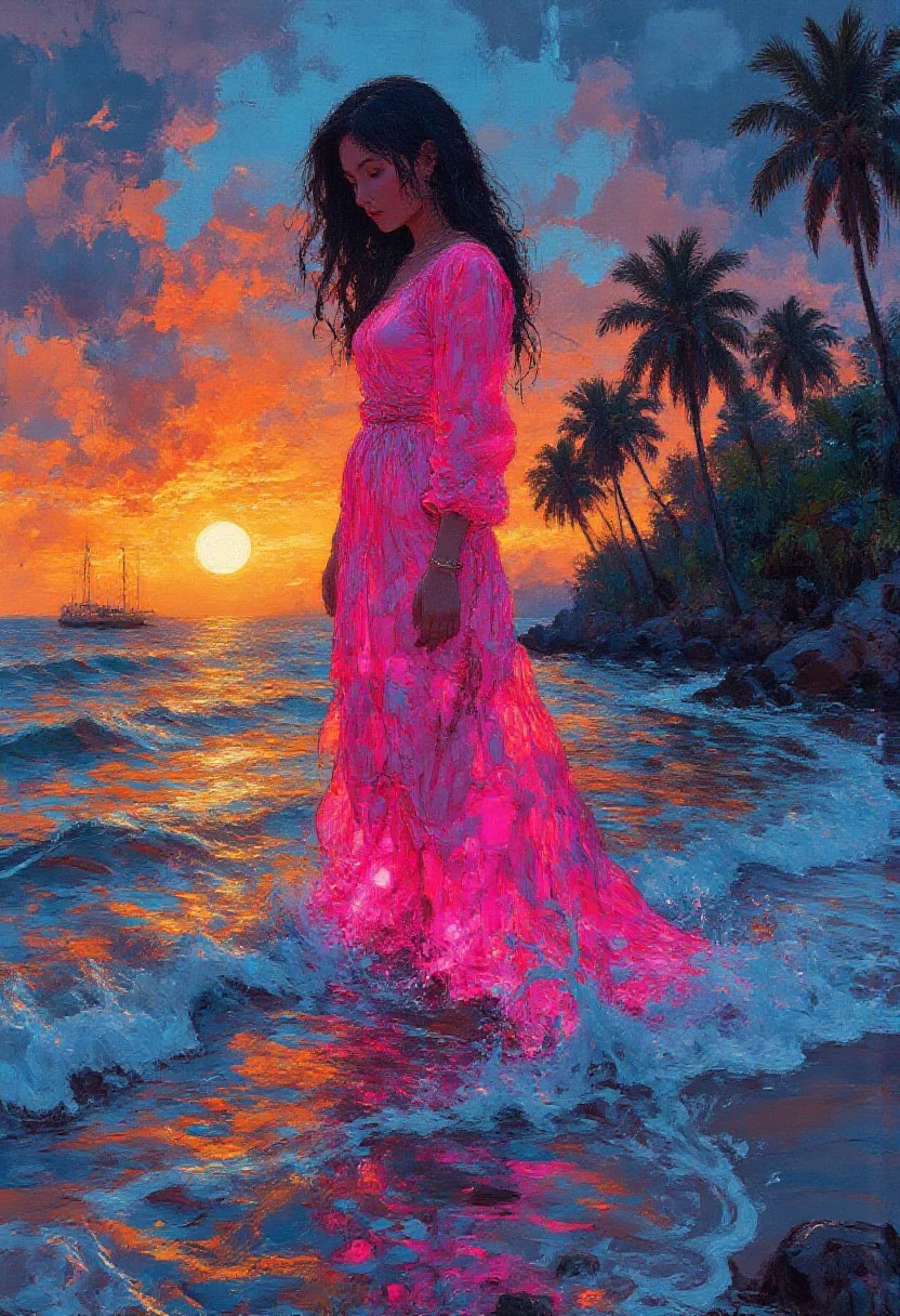 score_9, score_8_up, score_7_up, dark and restless composition. by the sea. waves. beach. palm trees. evening sun. sunset. A woman wearing a bright pink dress with long wavy hair stands in the water, the pink dress radiates a slight glow, high contrast, vibrant glow vivid contrast. hyperrealistic, cinematic style. surreal touch. The light is warm.
aidmamj6.1, vivid color, vivid background, art style impressionist, painting