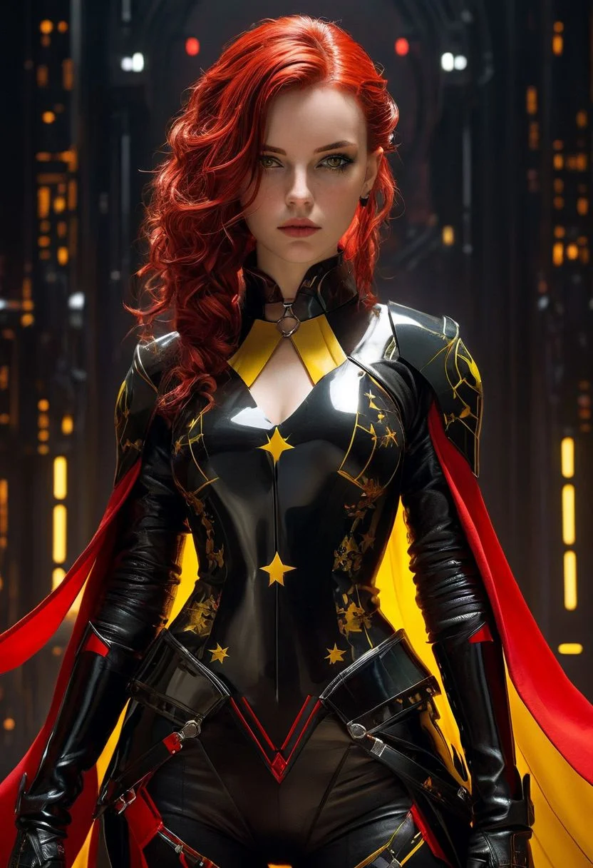 gothic girl, wearing black battle bodysuit, 
(star wars inquisitor, bdsm, collar cyberpunk Samurai jacket:1.7), (full body female, red yellow:1.4), (Large linen cape), (bdsm harness, tight firm breasts:1.2), (full body, shinny, wavy hair:1.2), 
(Masterpiece, intricate lines, surrounded by a detailed spacescape with translucent dark-amber,  intriguing atmosphere, sharp magnificent details, delicate features, elaborate details, dark dreams, whimsical charm, ethereal glow, freckles, tack sharp:1.3)