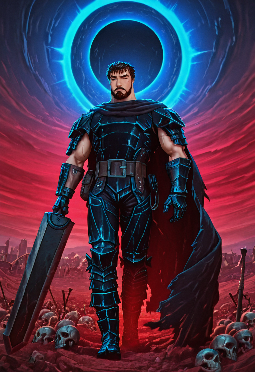 neonpunk style concept art (masterpiece,best quality,amazing quality,absurdres),
<lora:iluha:0.8> iluha, 1boy, male focus, beard, brown hair, solo, facial hair, blue eyes, mustache, short hair, thick eyebrows,  
 <lora:NOOB_vp1_detailer_by_volnovik_v1:1> <lora:illustrious_quality_modifiers_masterpieces_v1:1> masterpiece, very aesthetic, absurdres, male Guts_Armor, brown eyes, short hair, spiked hair, black armor, full armor, torn cape, one eye closed, muscular male, eclipse background, red landscape, skulls, city, belt, (cyberpunk:1.2) <lora:BerserkILLUSTRIOUS:0.6> berserk <lora:DragonSlayerSword-Il.V1.0:1> DragonSlayerSword-Il.V1.0, wielding-dragonslayer, , huge weapon, sword, holding sword, holding weapon <lora:illustrious_h_v2:0.5> . digital artwork, illustrative, painterly, matte painting, highly detailed . cyberpunk, vaporwave, neon, vibes, vibrant, stunningly beautiful, crisp, detailed, sleek, ultramodern, magenta highlights, dark purple shadows, high contrast, cinematic, ultra detailed, intricate, professional